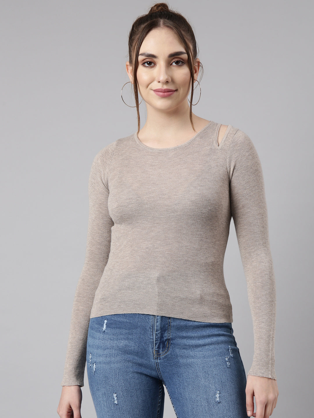 Women Beige Solid Fitted Top