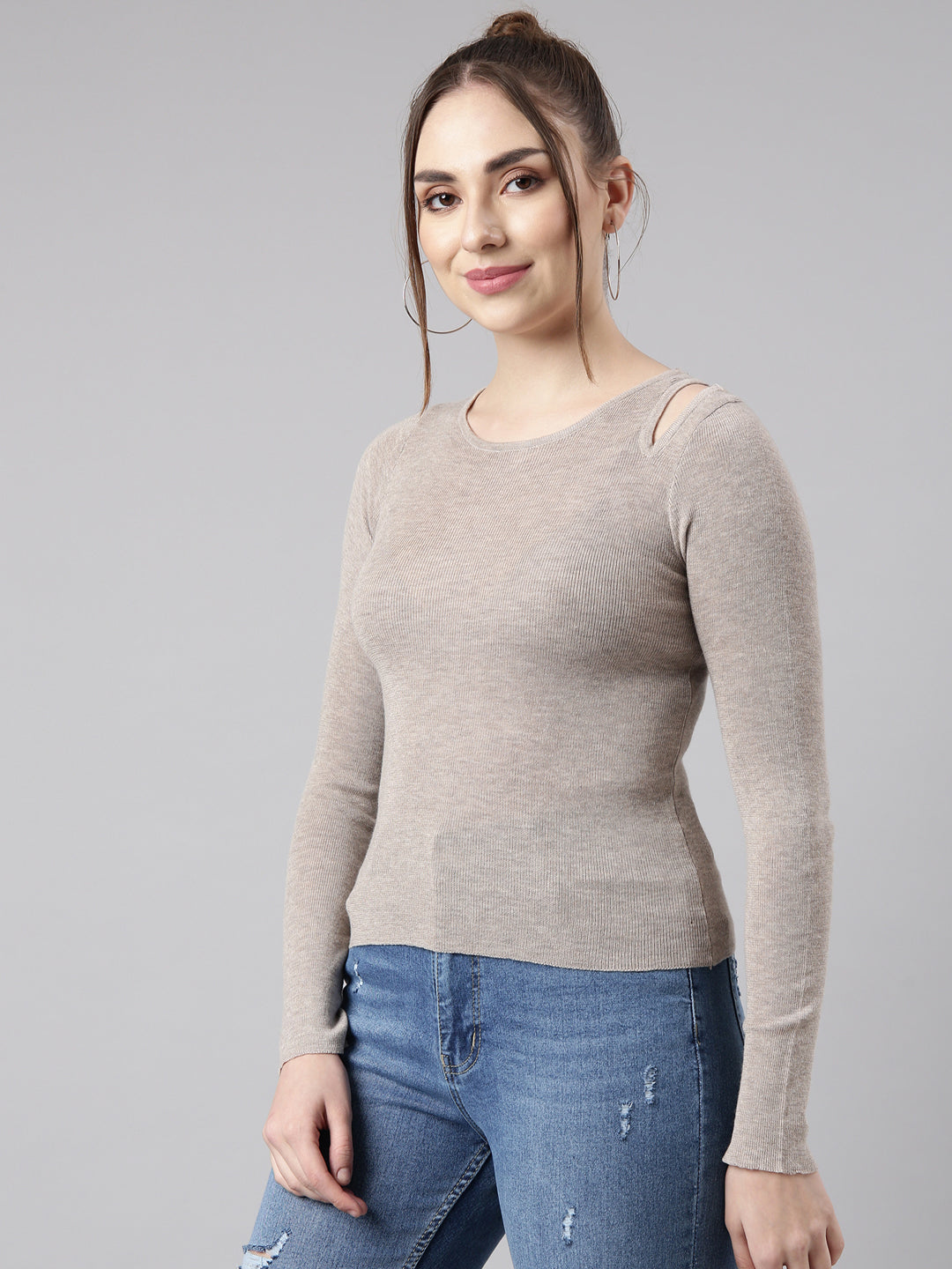 Women Beige Solid Fitted Top