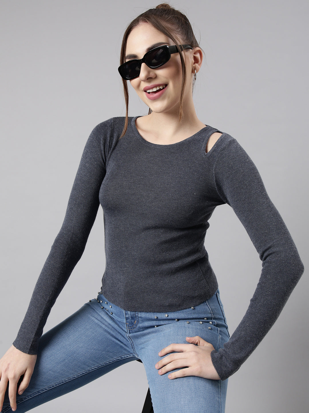 Women Charcoal Solid Fitted Top