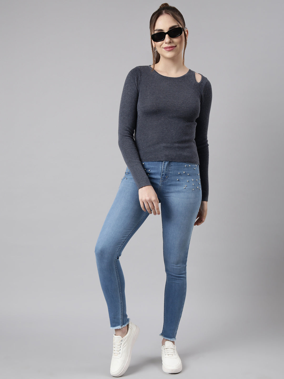 Women Charcoal Solid Fitted Top