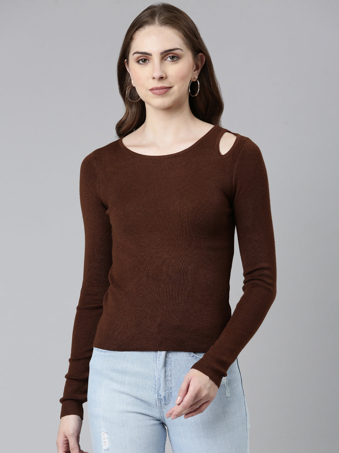 Women Round Neck Solid Coffee Brown Fitted Regular Top