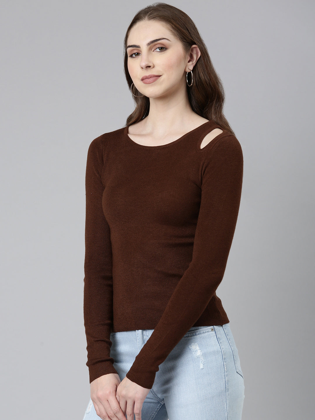 Women Round Neck Solid Coffee Brown Fitted Regular Top