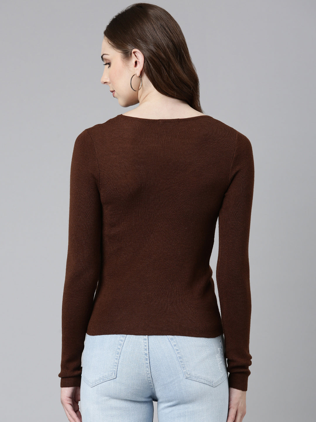 Women Round Neck Solid Coffee Brown Fitted Regular Top