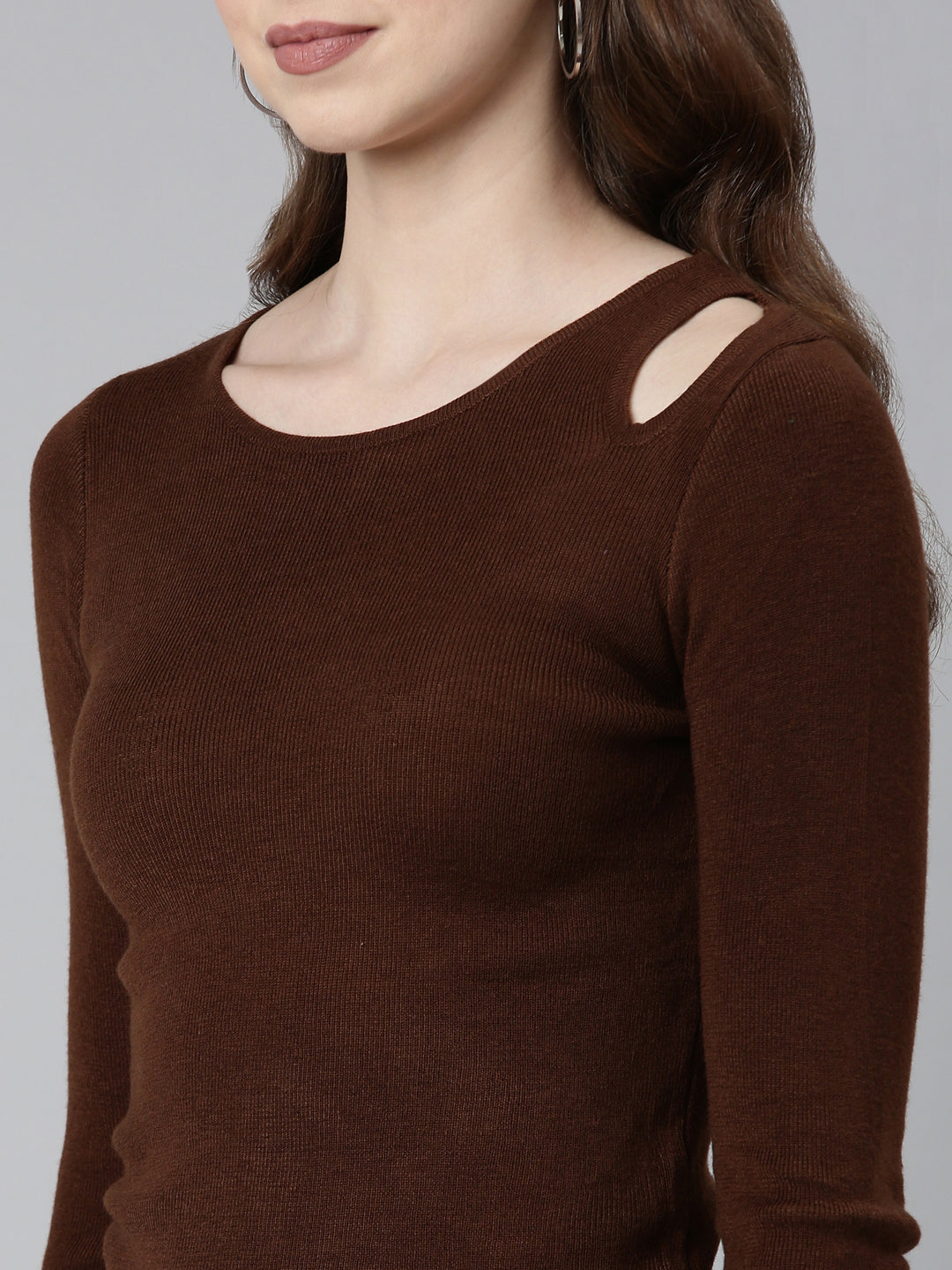 Women Round Neck Solid Coffee Brown Fitted Regular Top