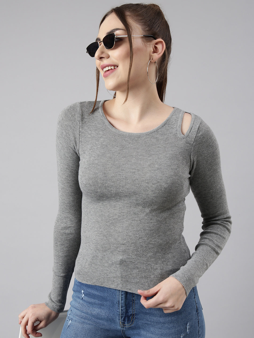 Women Grey Solid Fitted Top