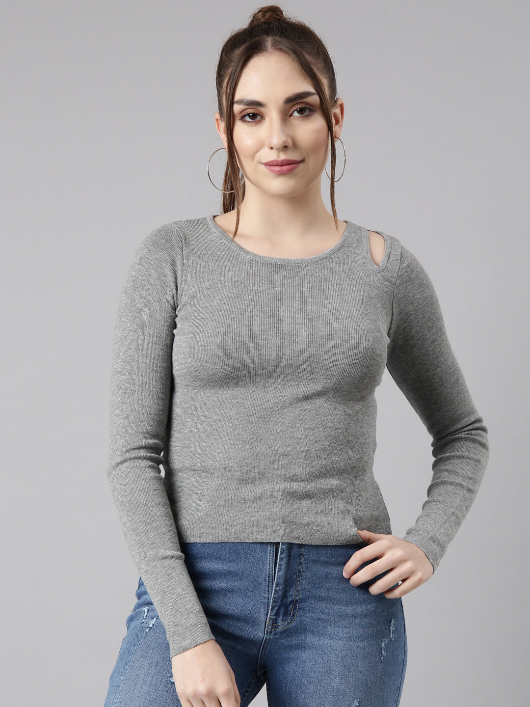 Women Grey Solid Fitted Top