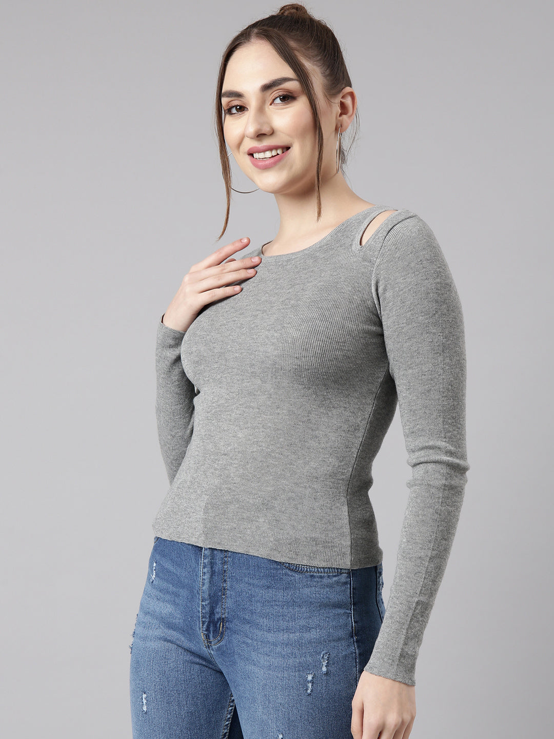 Women Grey Solid Fitted Top