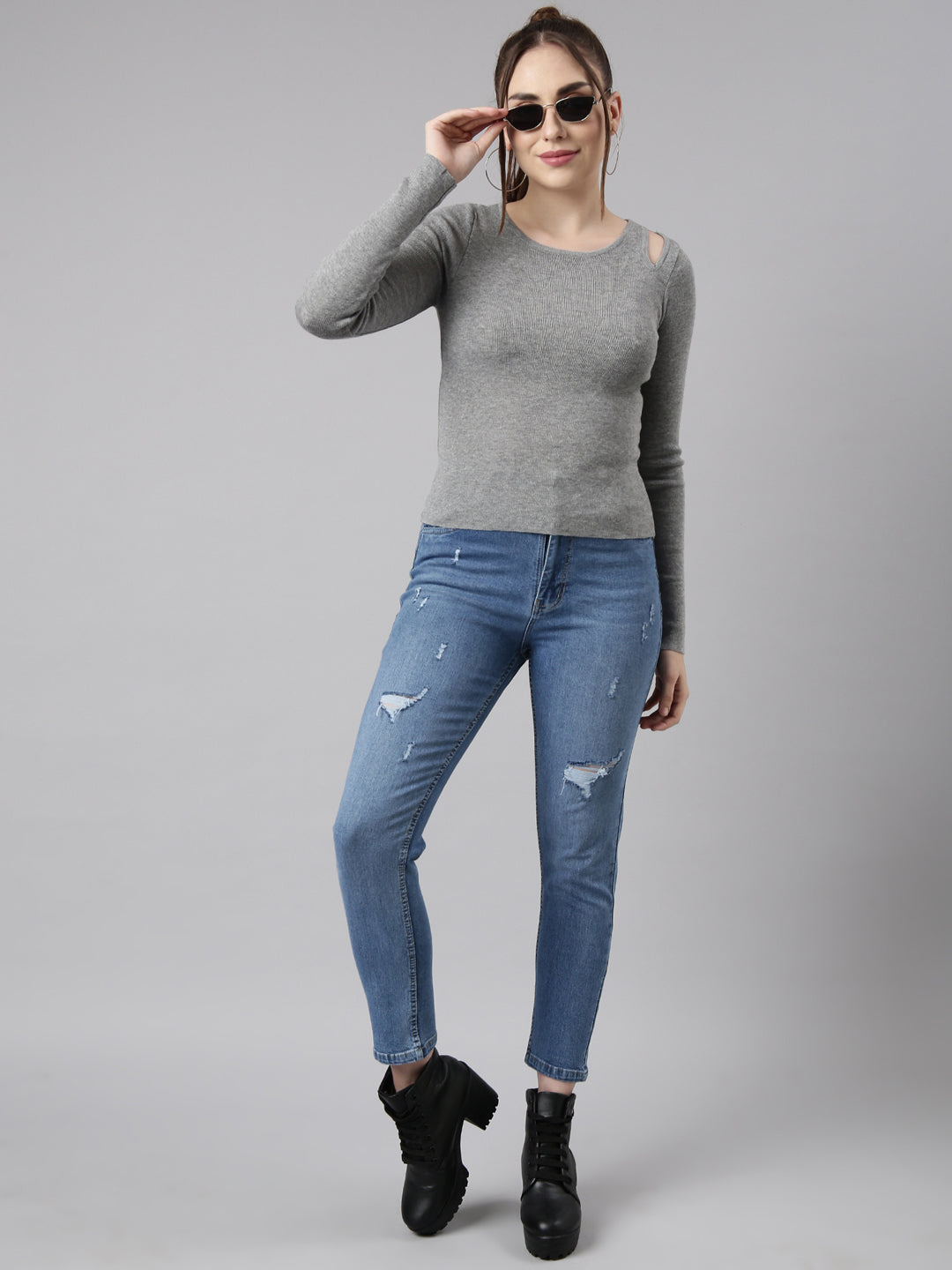 Women Grey Solid Fitted Top