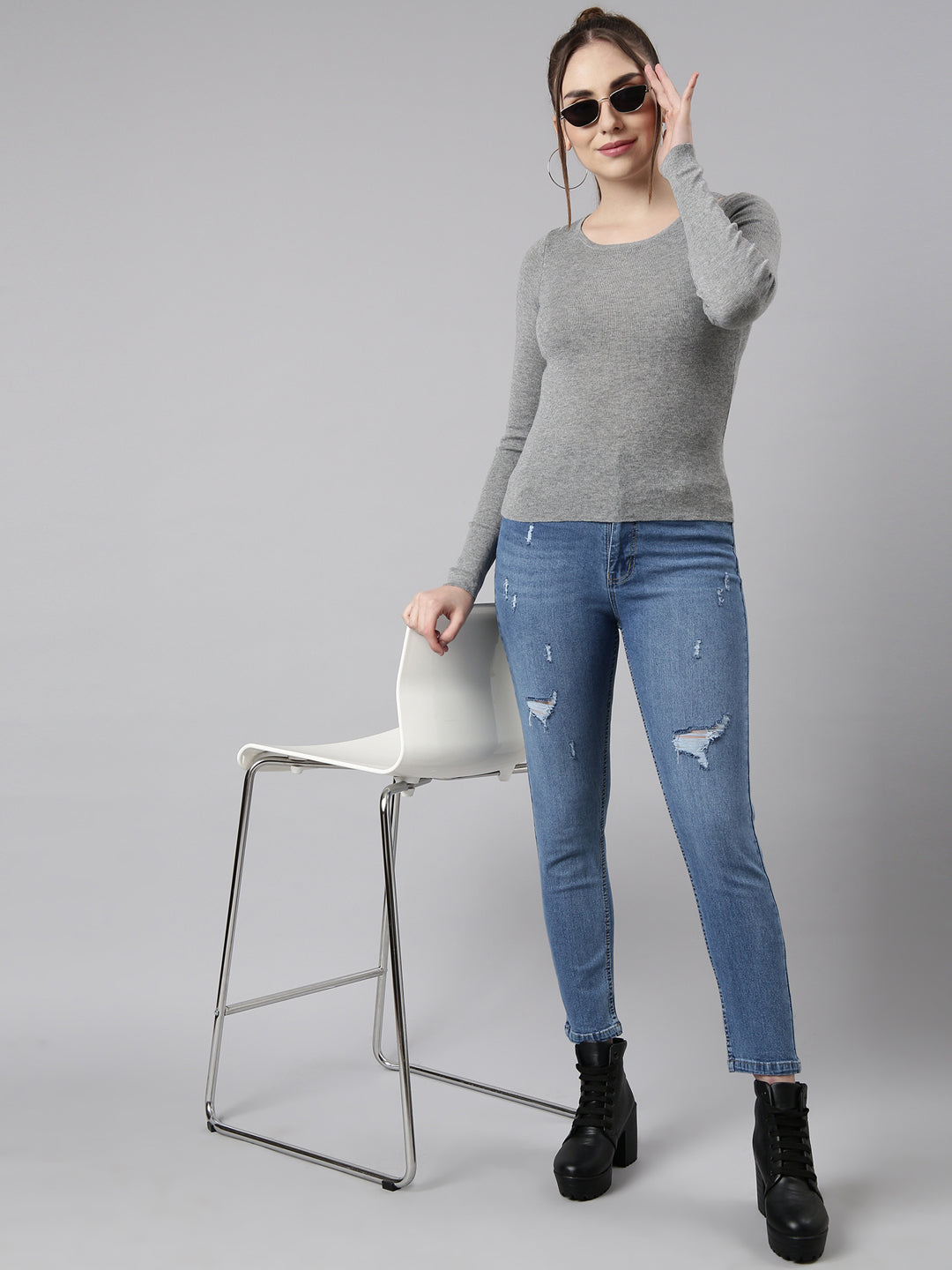 Women Grey Solid Fitted Top