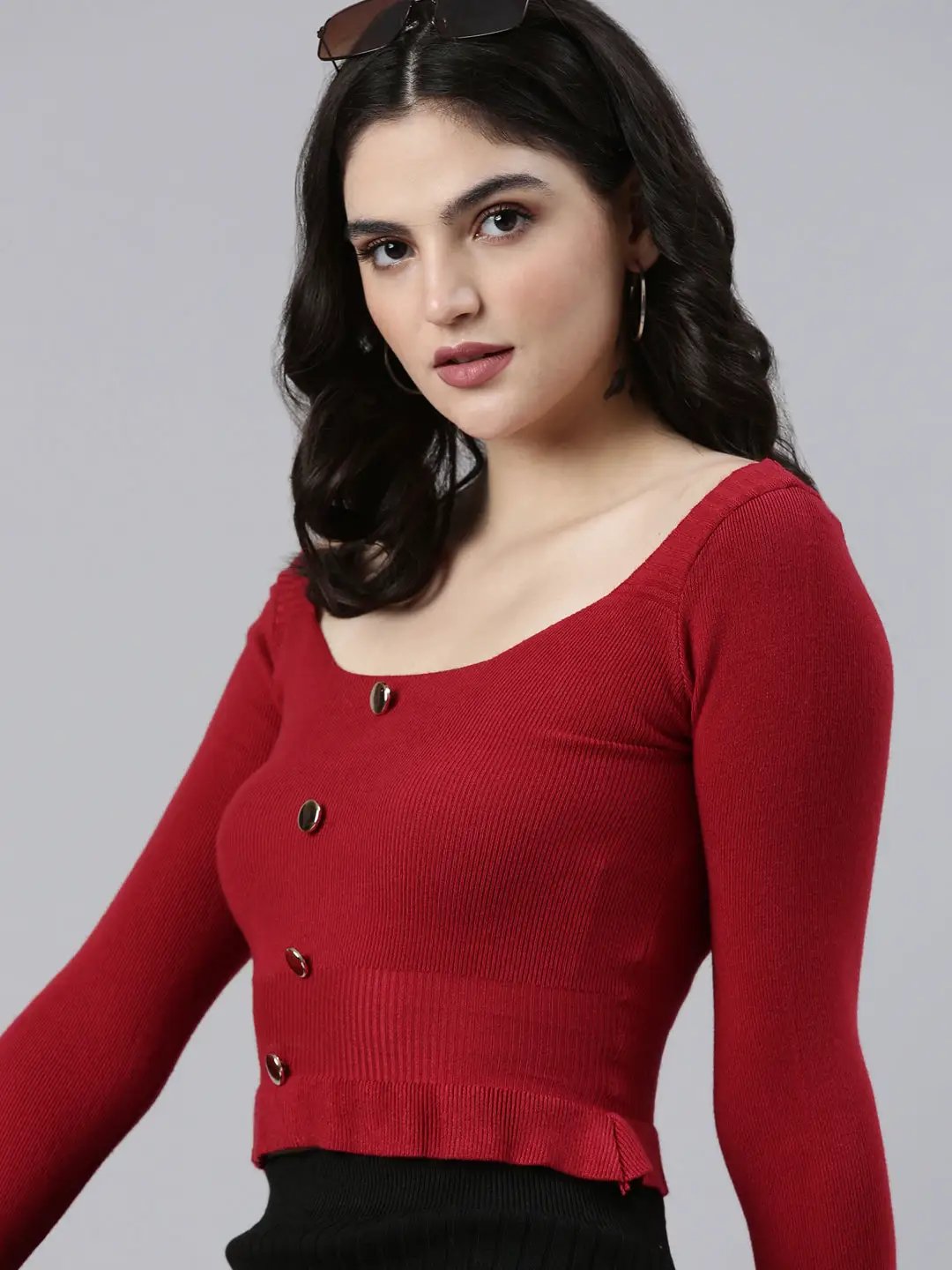 Women's Square Neck Solid Maroon Fitted Crop Top