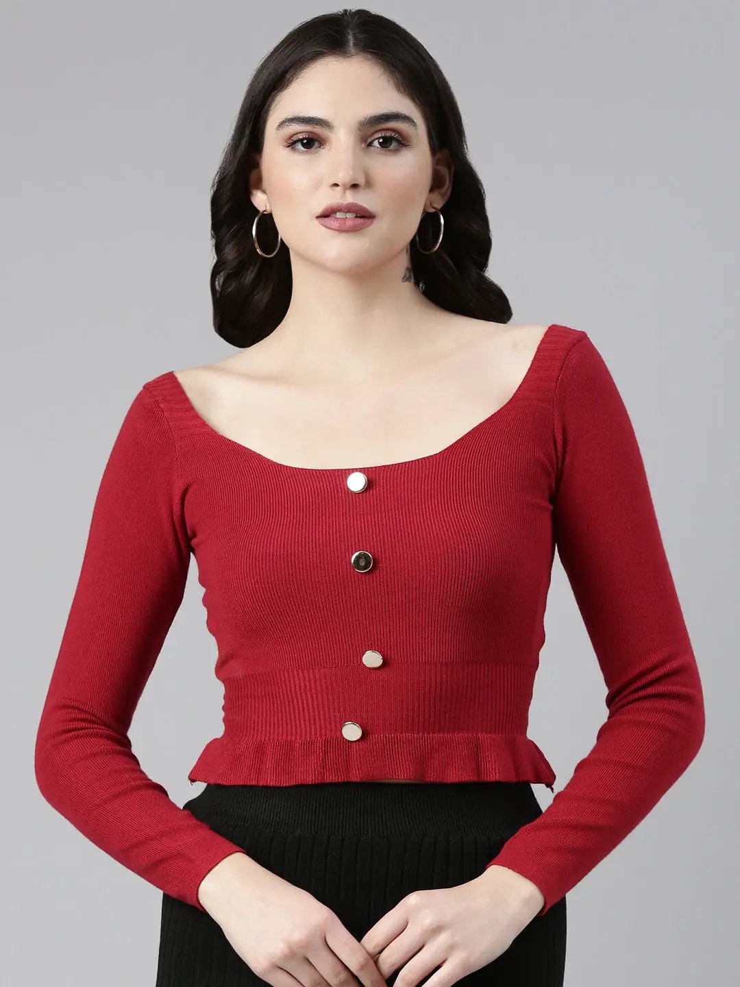Women's Square Neck Solid Maroon Fitted Crop Top