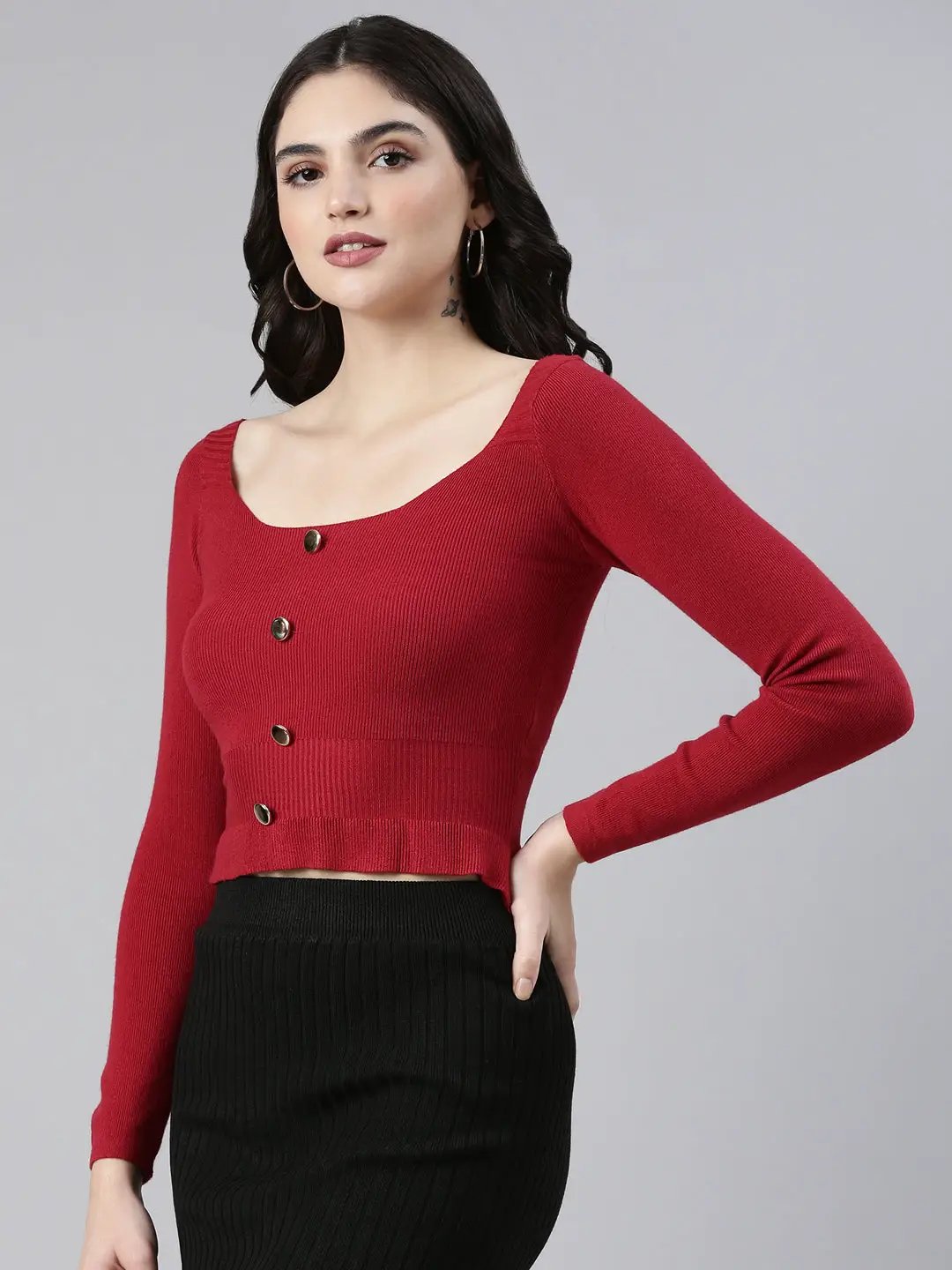 Women's Square Neck Solid Maroon Fitted Crop Top
