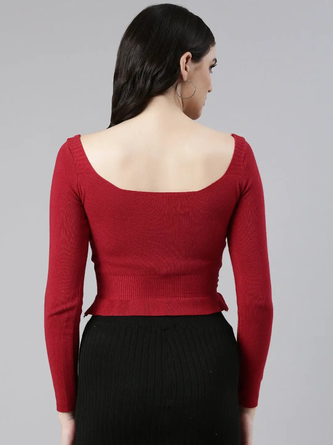 Women's Square Neck Solid Maroon Fitted Crop Top