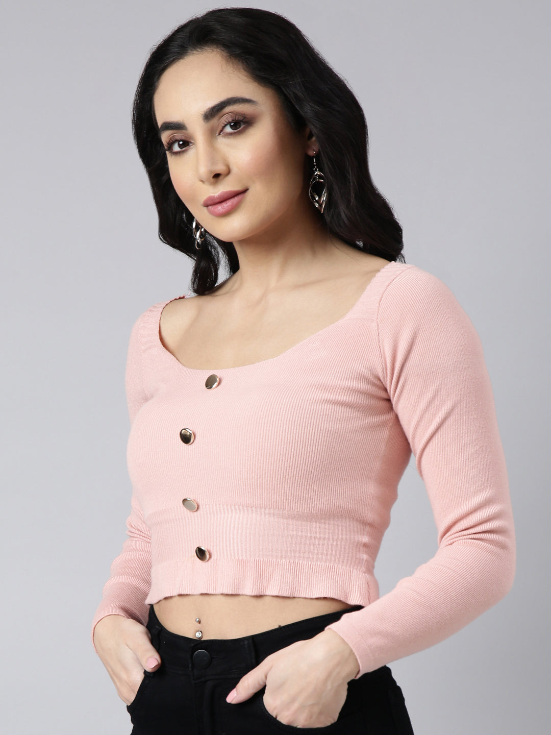 Women Solid Peach Fitted Crop Top