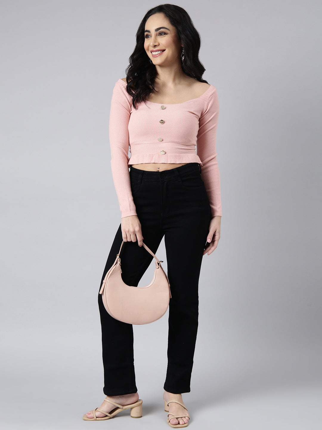 Women Solid Peach Fitted Crop Top