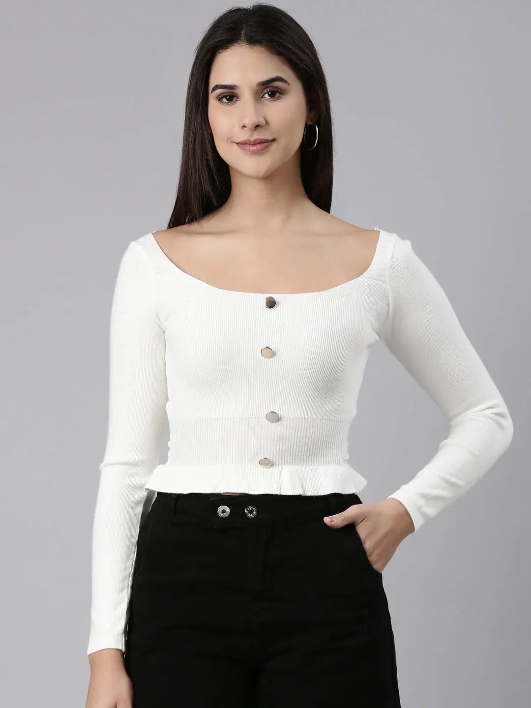 Women's Square Neck Solid White Fitted Crop Top
