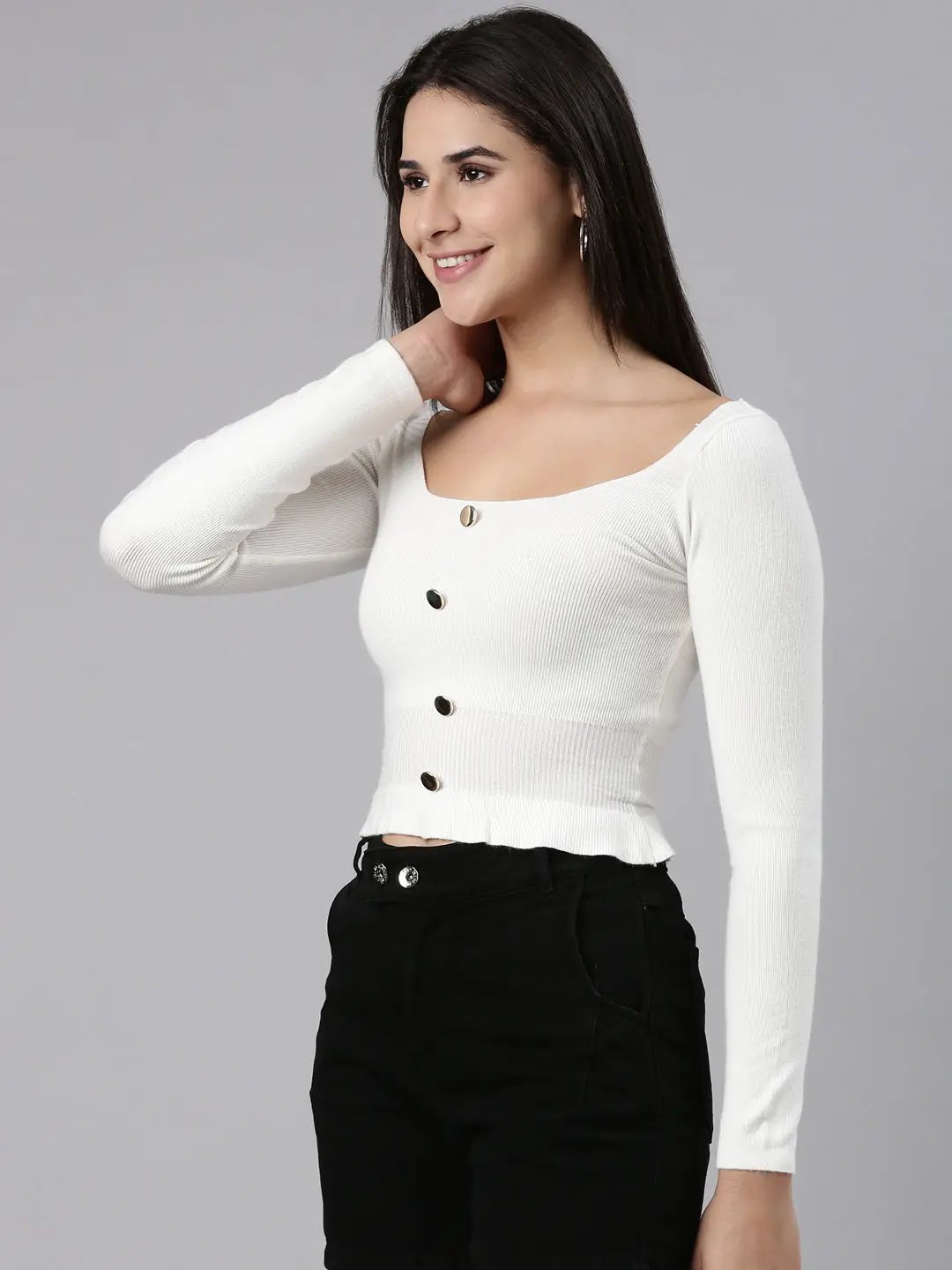 Women's Square Neck Solid White Fitted Crop Top