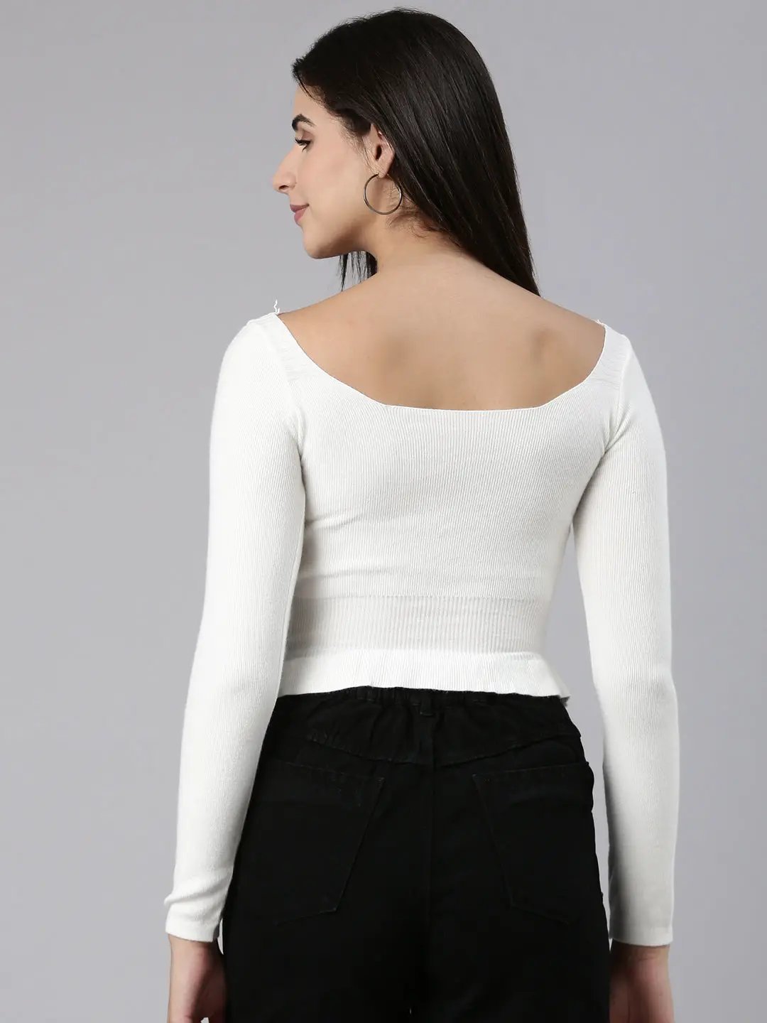 Women's Square Neck Solid White Fitted Crop Top