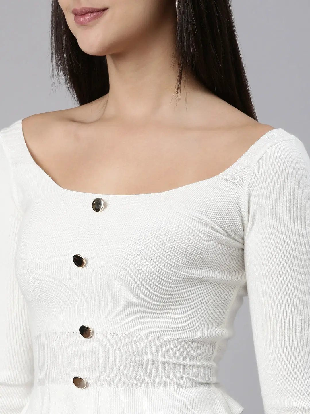 Women's Square Neck Solid White Fitted Crop Top