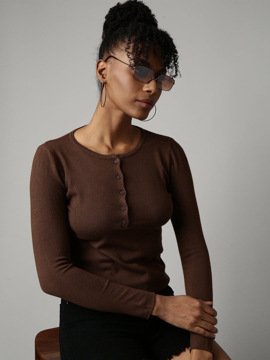 Women Brown Solid Fitted Top