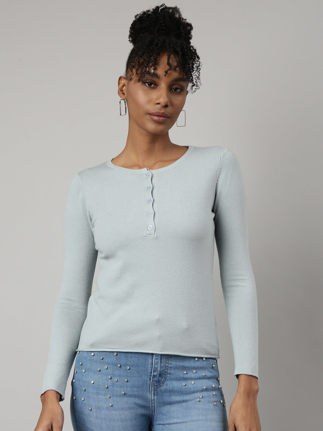 Women Grey Solid Fitted Top