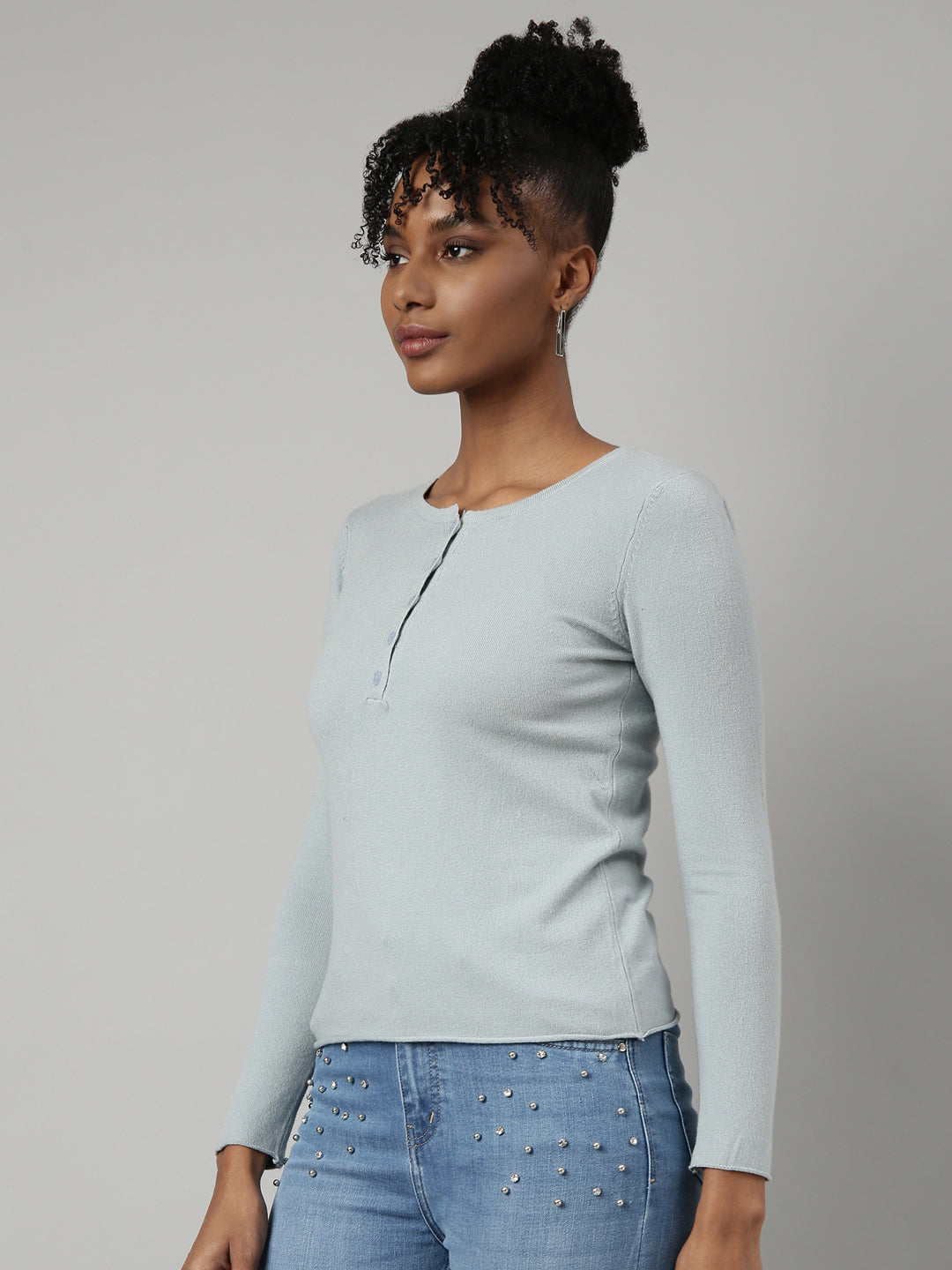 Women Grey Solid Fitted Top