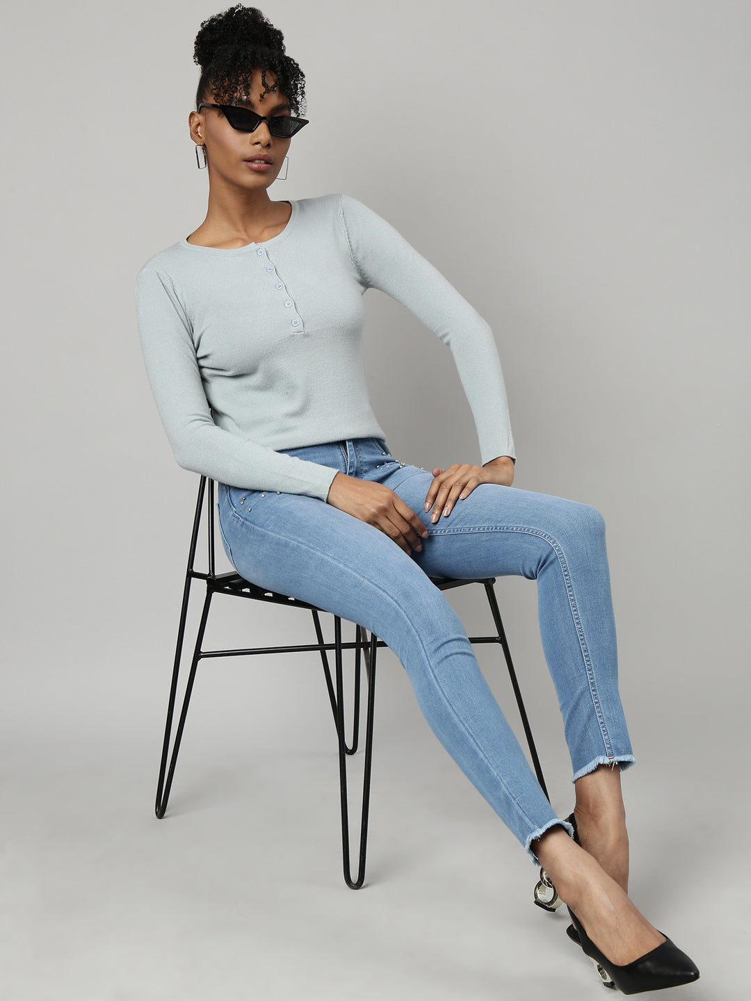 Women Grey Solid Fitted Top