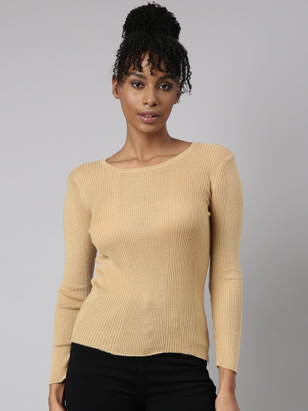 Women Beige Solid Fitted Top