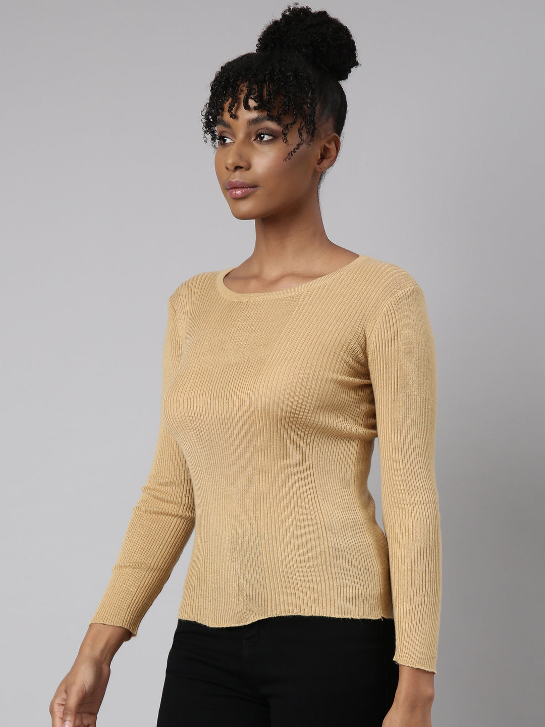 Women Beige Solid Fitted Top