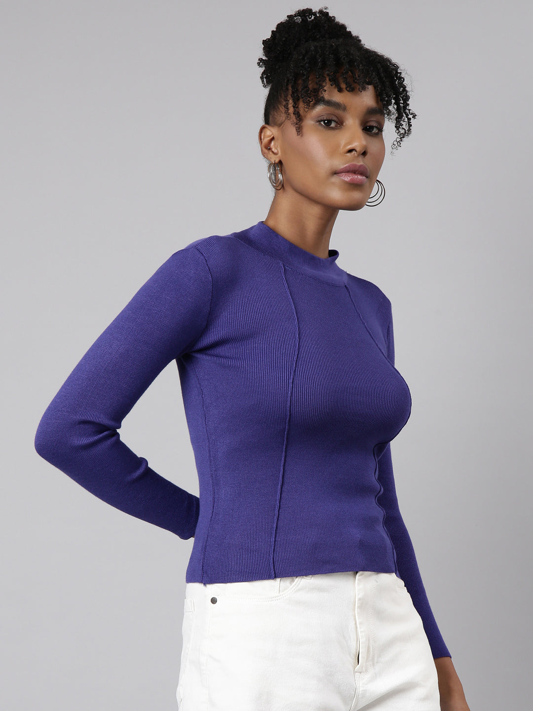 Women Blue Solid Fitted Top