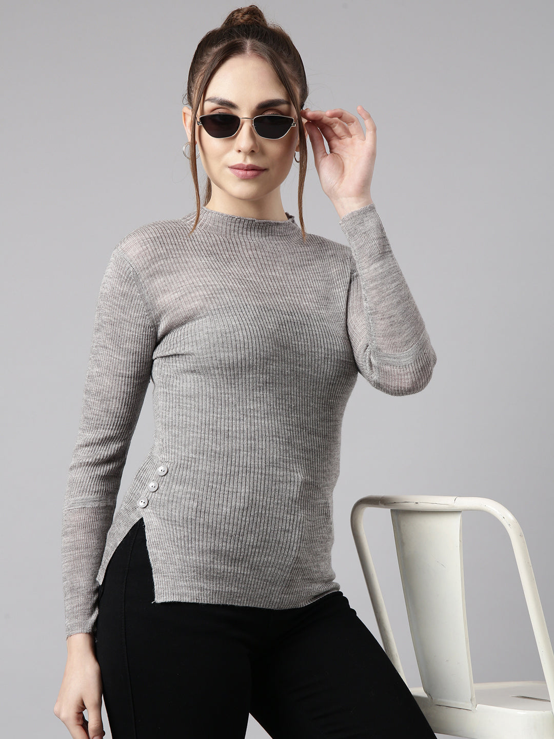 Women Grey Solid Fitted Top