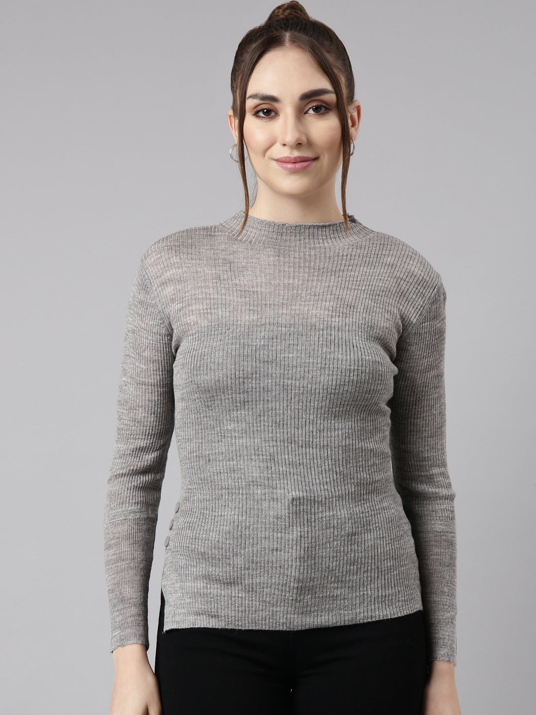 Women Grey Solid Fitted Top