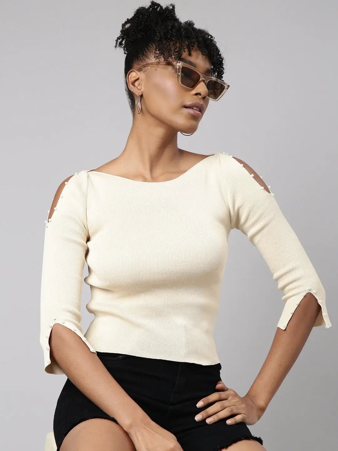Shop Women's Cream Ribbed Slit Sleeve Top | Showoffff