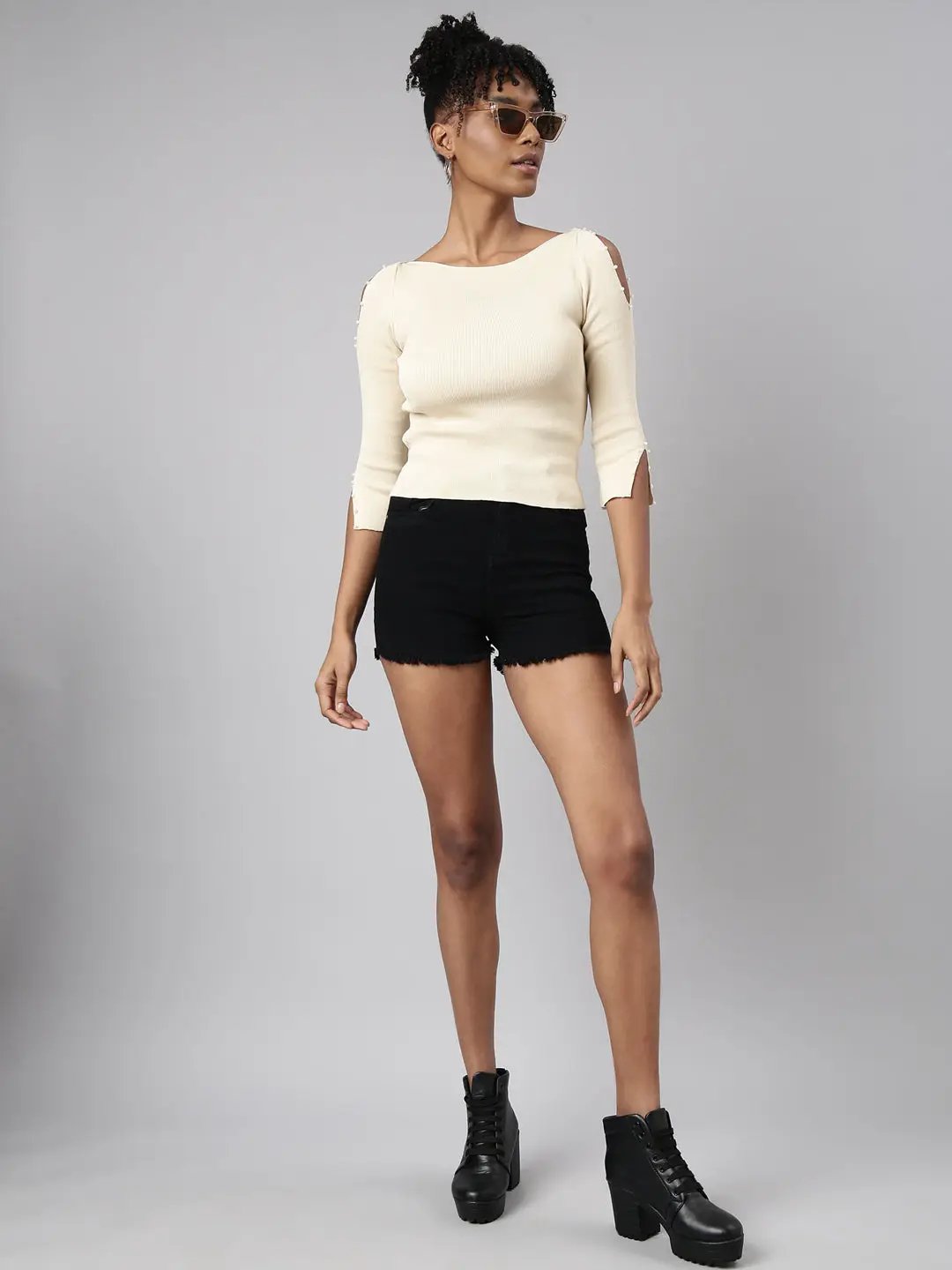 Shop Women's Cream Ribbed Slit Sleeve Top | Showoffff