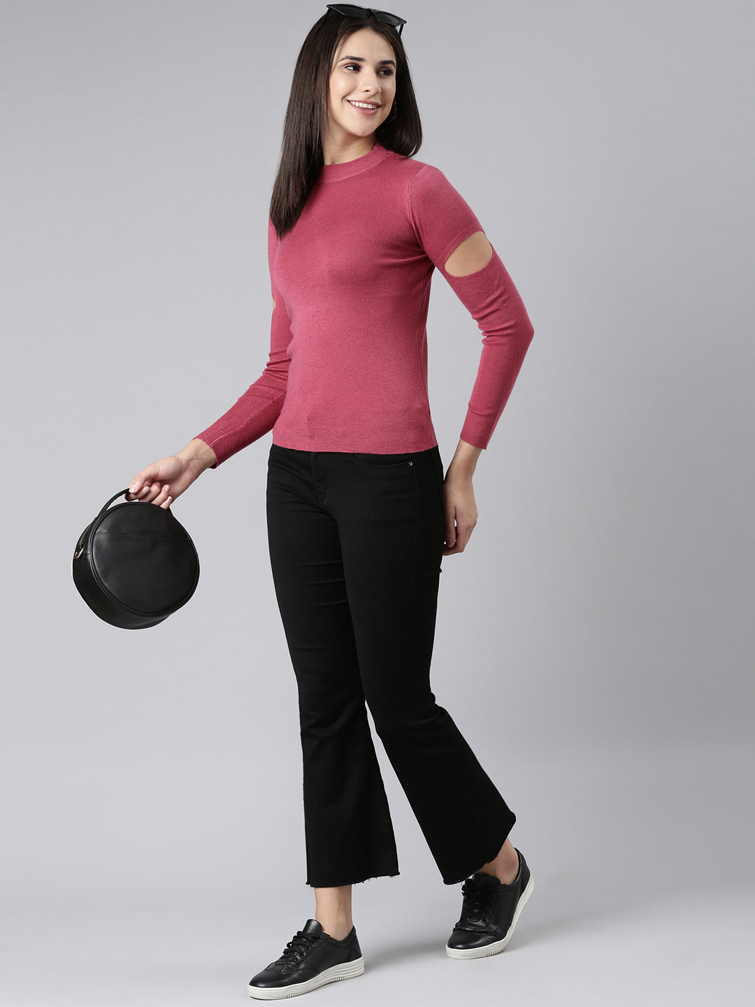 High Neck Solid Magenta Fitted Regular Top