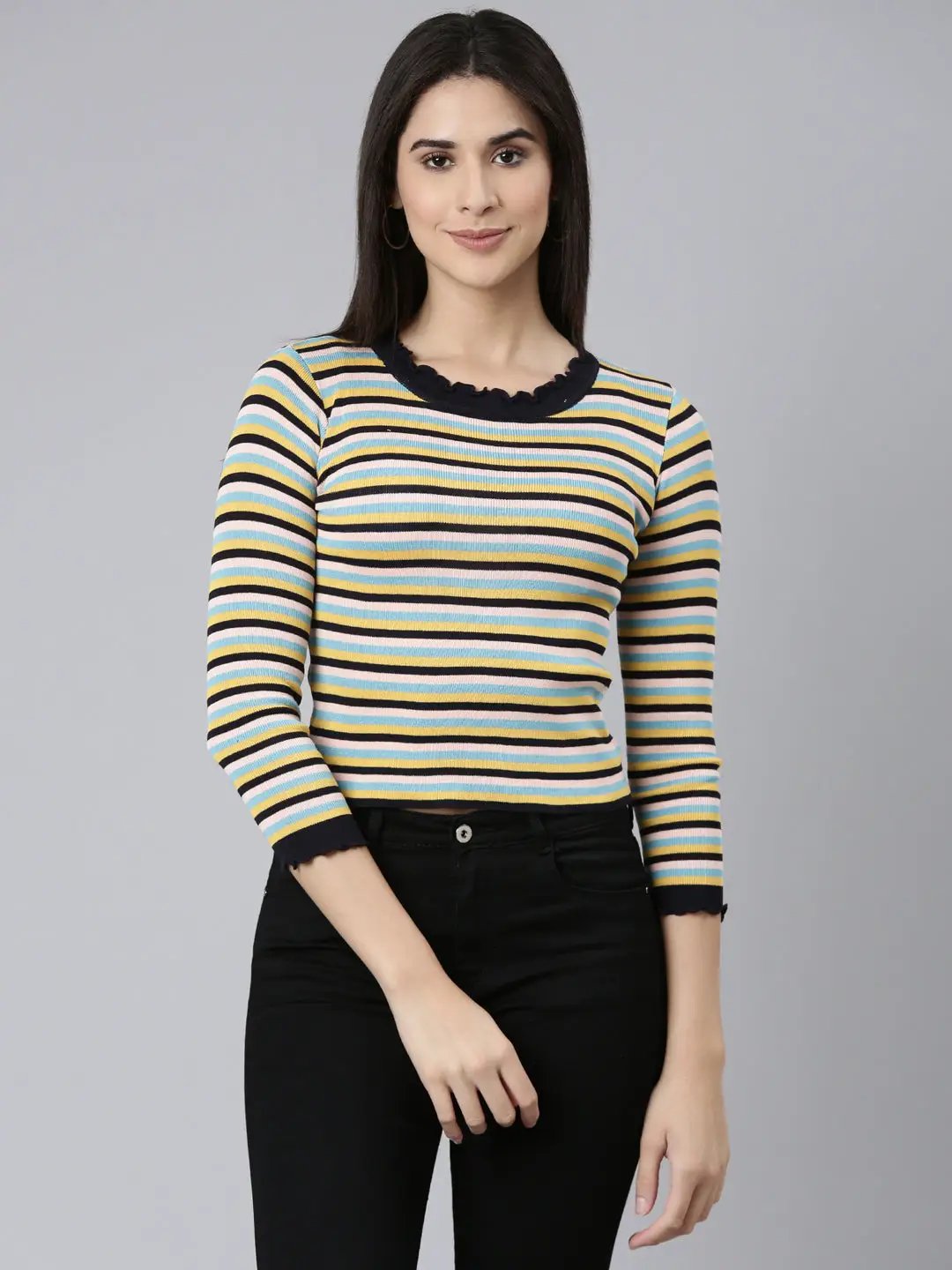 Women's Round Neck Striped Regular Sleeves Fitted Multi Top