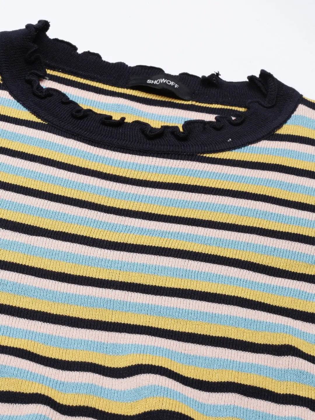 Women's Round Neck Striped Regular Sleeves Fitted Multi Top