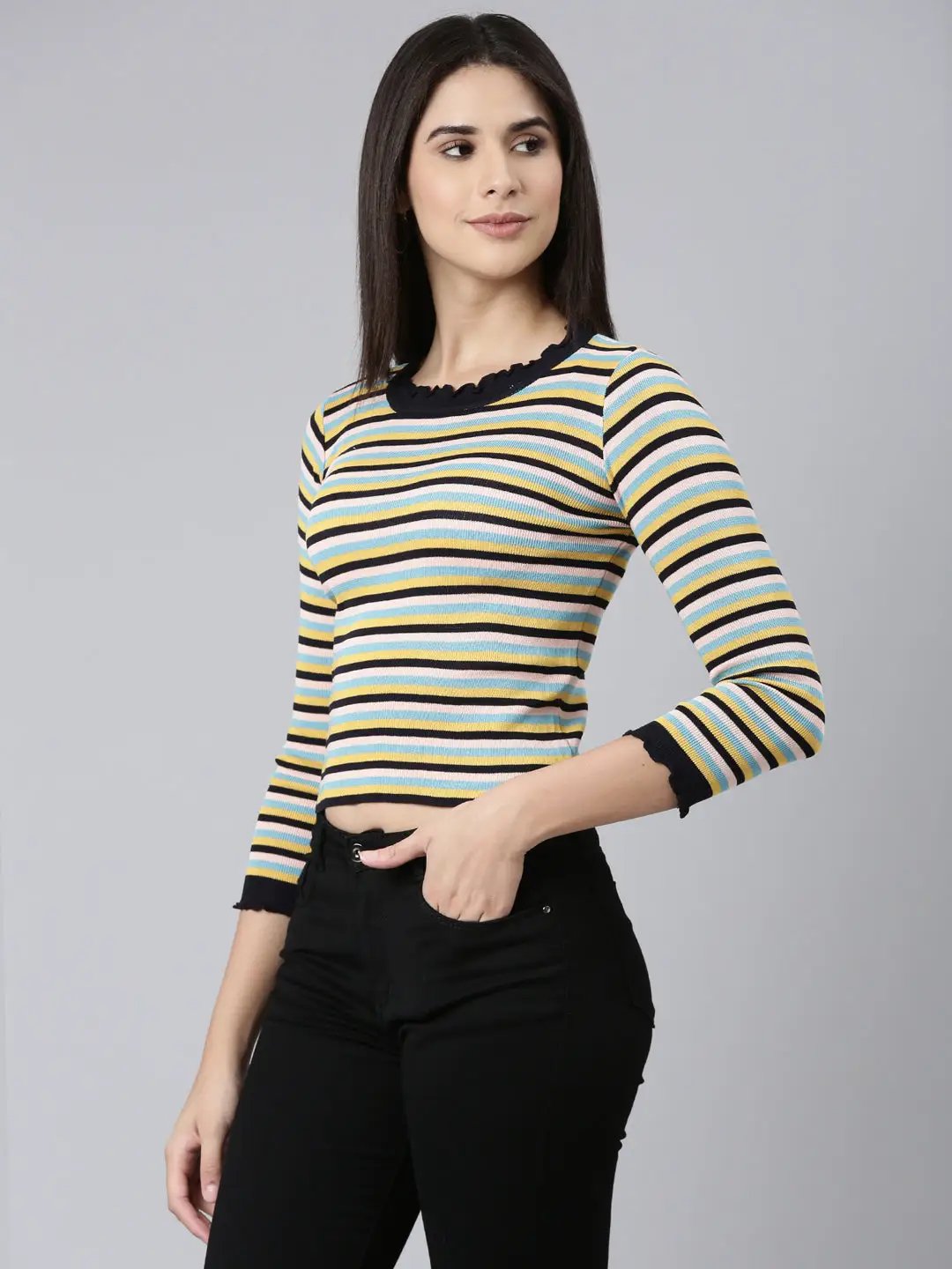 Women's Round Neck Striped Regular Sleeves Fitted Multi Top