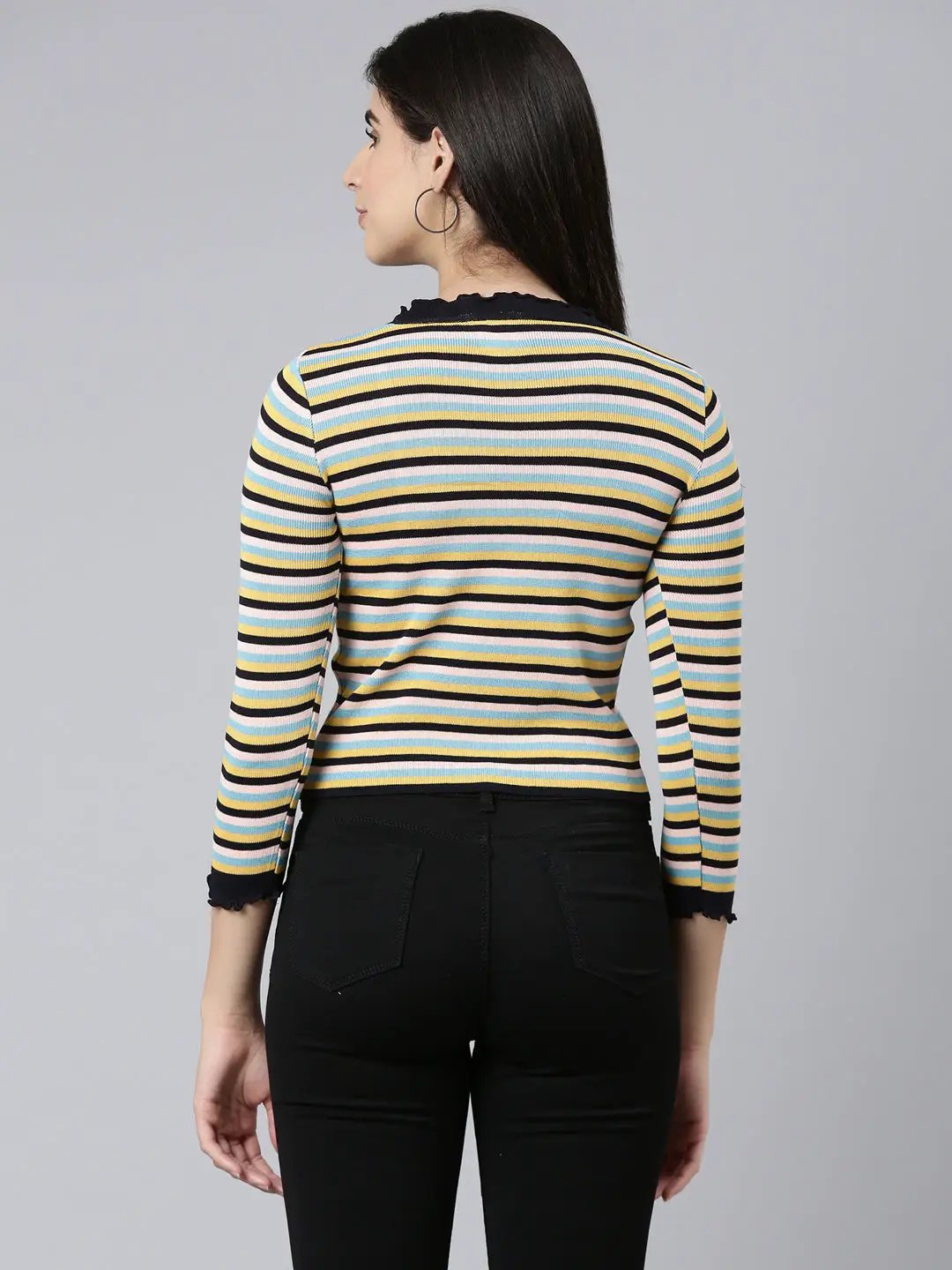 Women's Round Neck Striped Regular Sleeves Fitted Multi Top