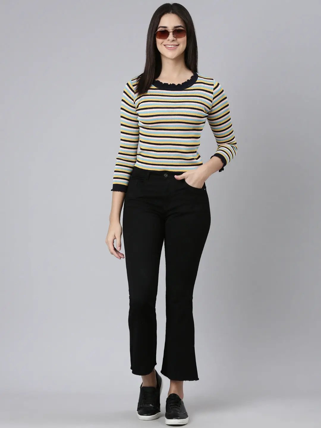 Women's Round Neck Striped Regular Sleeves Fitted Multi Top