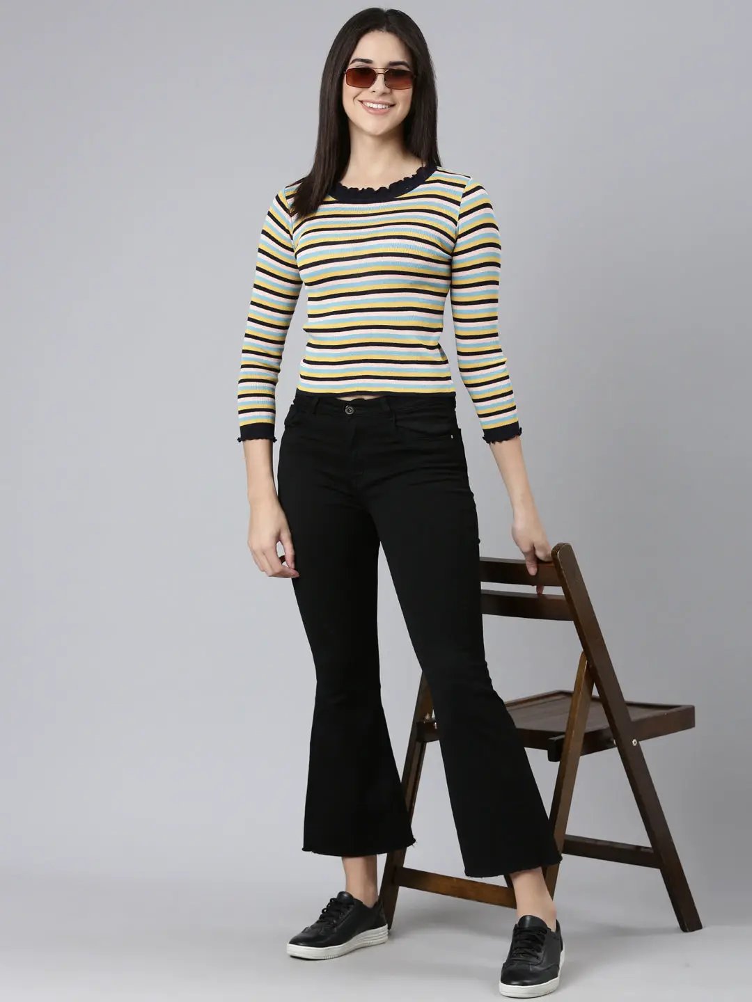 Women's Round Neck Striped Regular Sleeves Fitted Multi Top