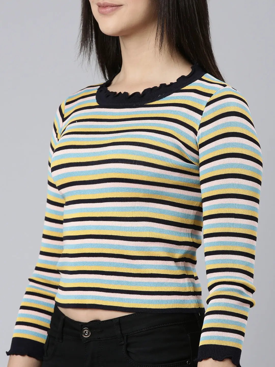 Women's Round Neck Striped Regular Sleeves Fitted Multi Top