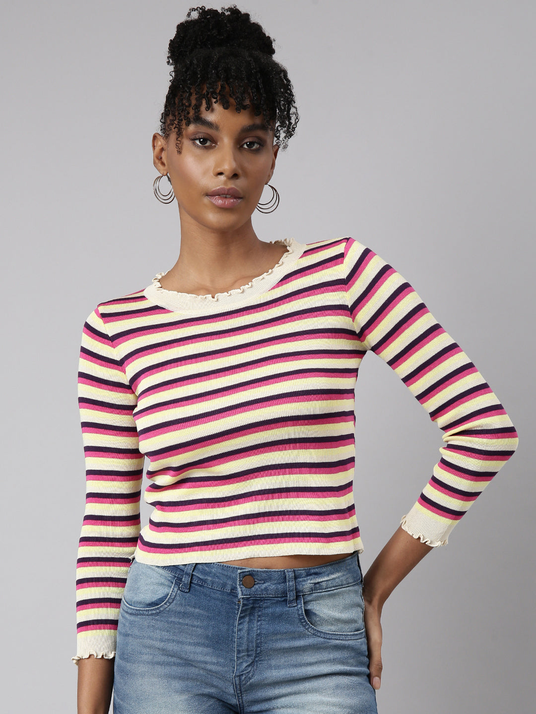 Women Pink Horizontal Stripes Fitted Top