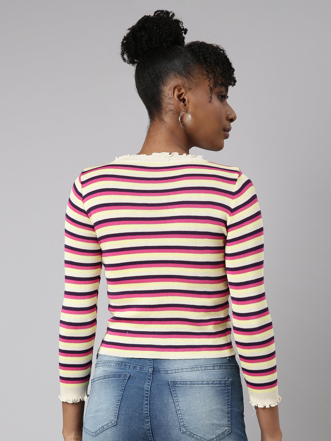 Women Pink Horizontal Stripes Fitted Top