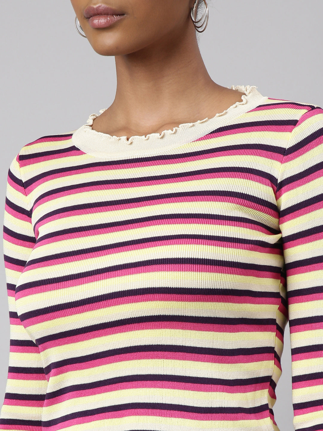 Women Pink Horizontal Stripes Fitted Top