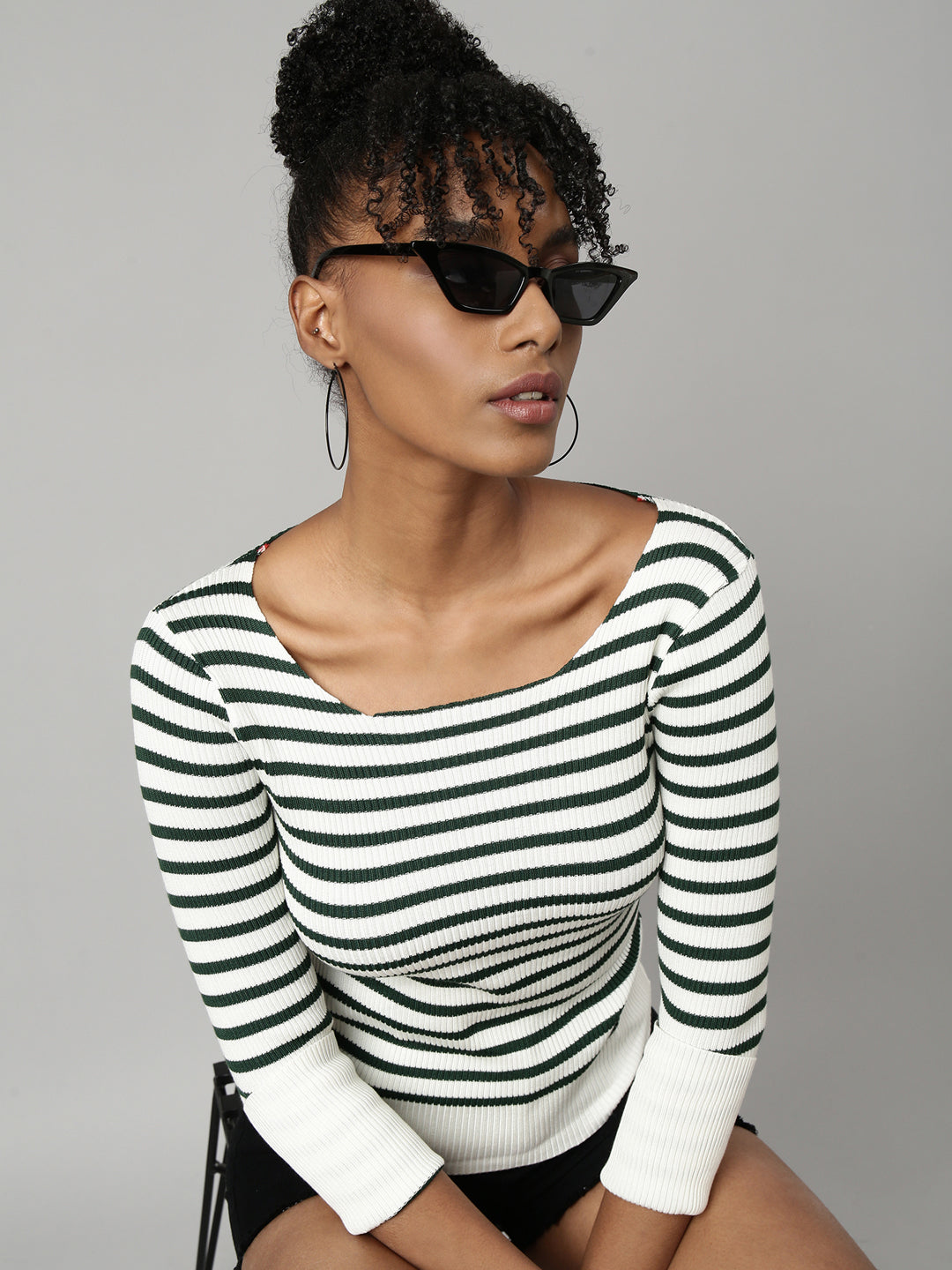 Women Off White Horizontal Stripes Fitted Top