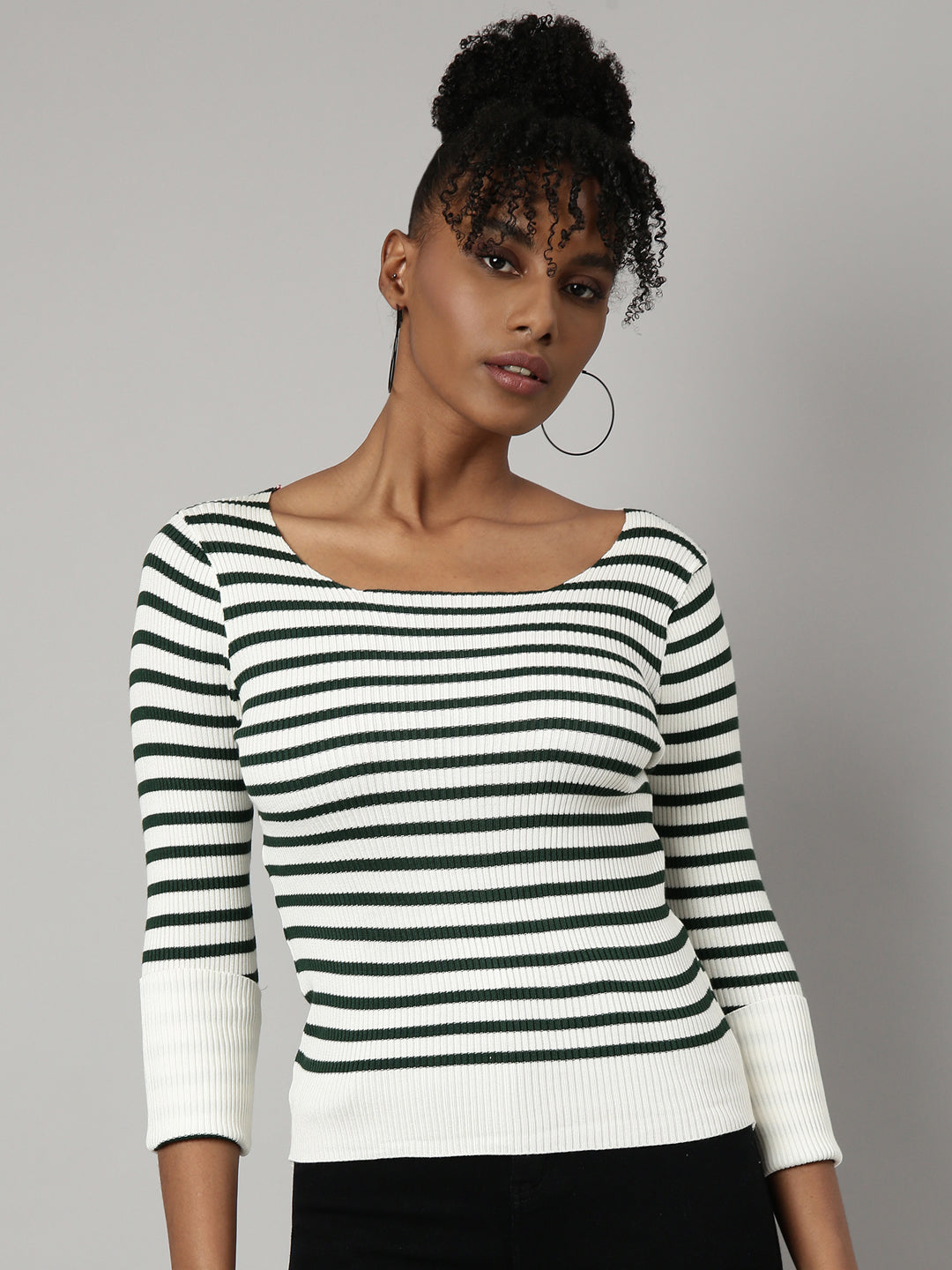 Women Off White Horizontal Stripes Fitted Top