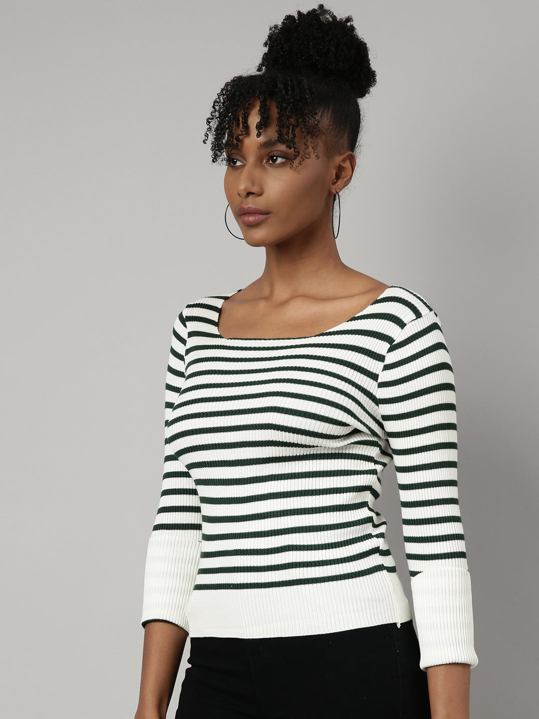 Women Off White Horizontal Stripes Fitted Top