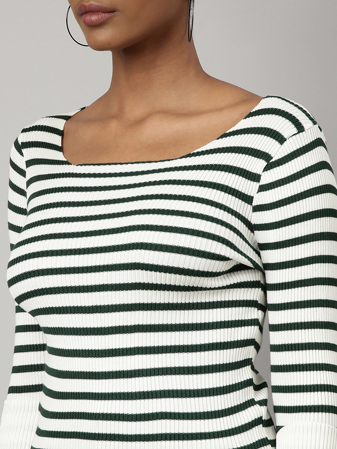 Women Off White Horizontal Stripes Fitted Top