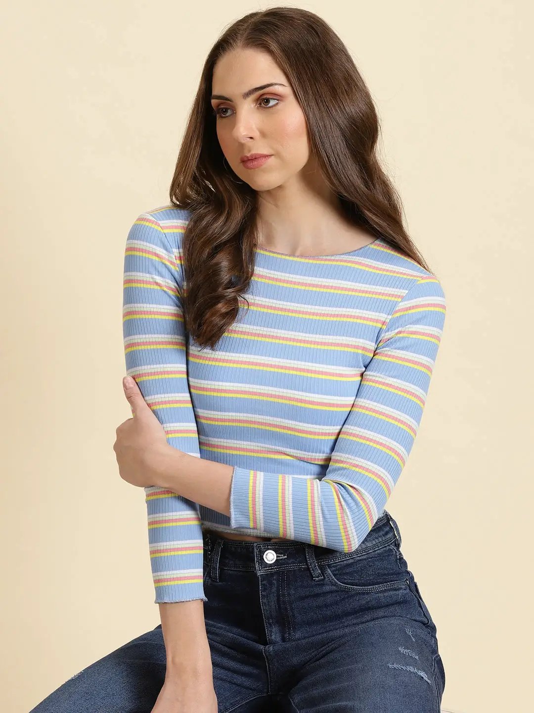 Women's Blue Striped Fitted Crop Top